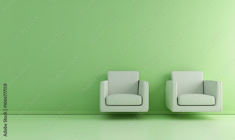 white wall with two armchairs a clean background, in a minimalist interior design with a green color scheme