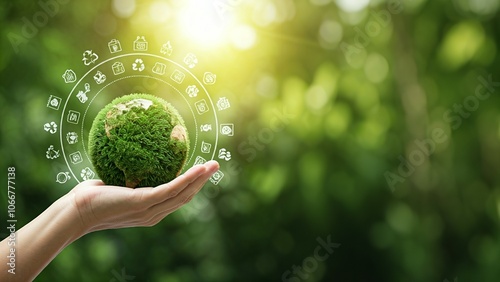 Hand holding a green, eco-friendly Earth with sustainable icons, against a sunlit foliage background.