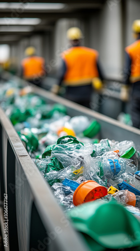 Waste recycling plant with recycling plastic on transportation line