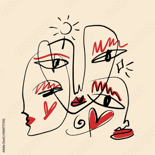 Minimalistic fashion modern abstract women faces portrait beauty makeup fast sketch hand drawn abstraction, vector illustration clipart woman line black colour contour ink brush face art print for t