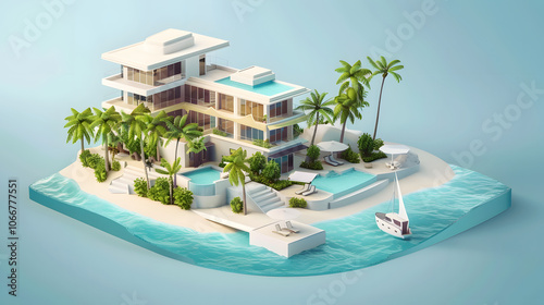 Beachfront Hotel design 3D isometric