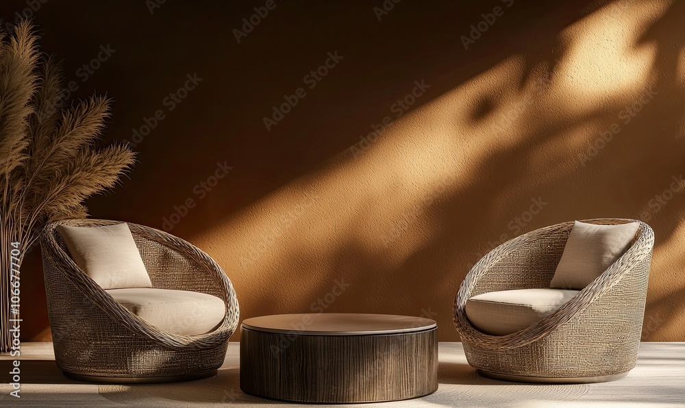 Modern interior design background with a brown wall mockup, two armchairs, and a coffee table on a light-colored floor in a minimalistic home decor style Modern interior design background with a brown wall mockup, two armchairs, and a coffee table on a light-colored floor in a minimalistic home decor style