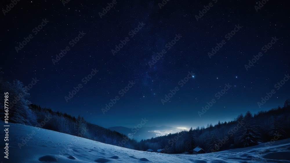 A serene winter night scene featuring a starry sky over a snow-covered landscape. The tranquil blue tones capture the beauty of nature in winter A serene winter night scene featuring a starry sky over a snow-covered landscape. The tranquil blue tones capture the beauty of nature in winter