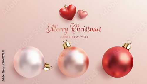 3D shiny Christmas balls in pink, red, and rose gold. Heart shape toys. The glossy, round spheres are isolated on a white background, perfect for holiday decor and greeting cards. Not AI.
