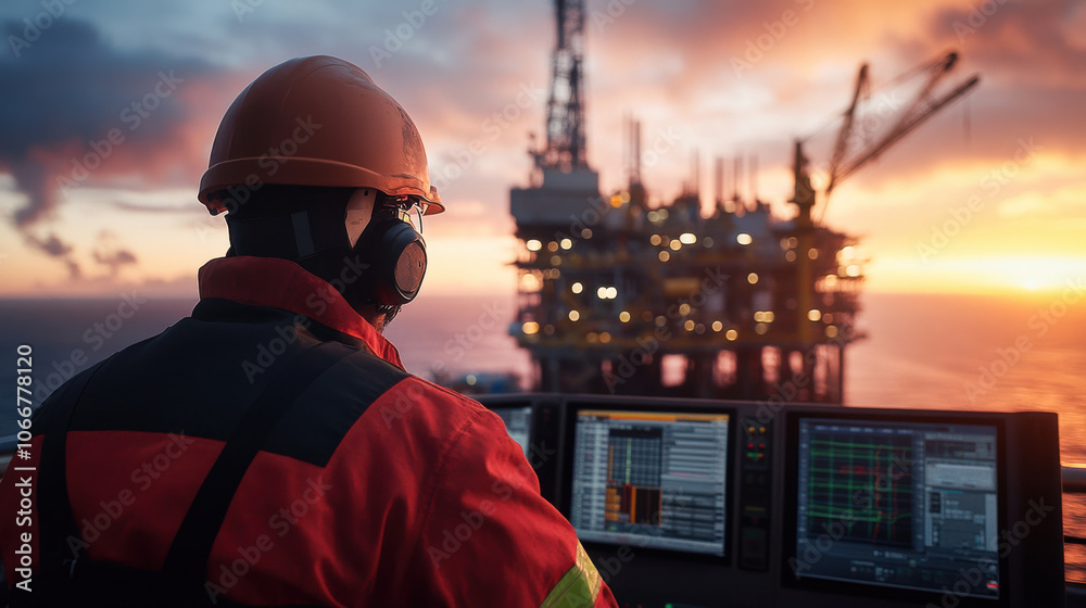 worker in safety gear monitors control systems at offshore oil rig during stunning sunset. scene captures blend of technology and nature, highlighting importance of safety in industry worker in safety gear monitors control systems at offshore oil rig during stunning sunset. scene captures blend of technology and nature, highlighting importance of safety in industry
