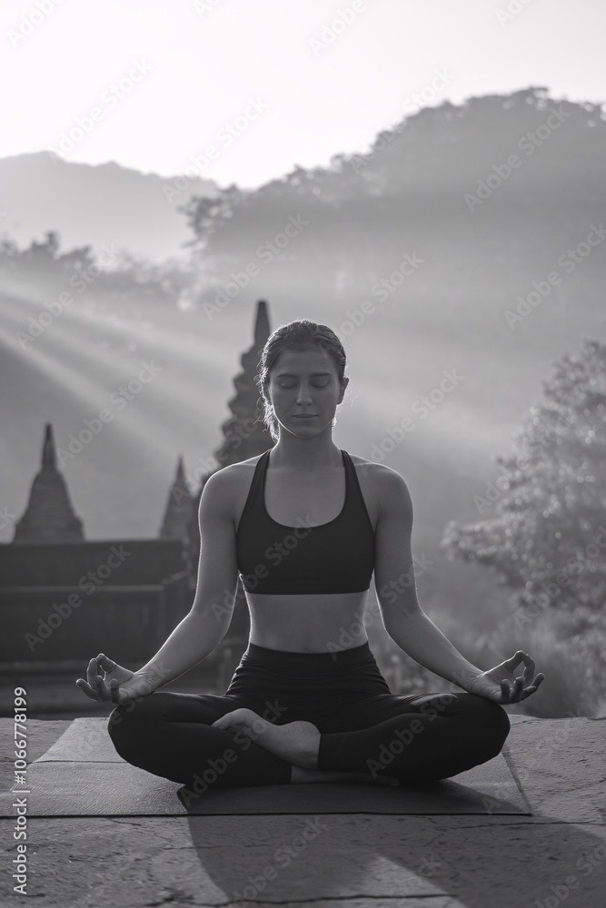 Tranquility at Dawn: A woman finds serenity in meditation, bathed in the soft glow of sunrise, with ancient temple ruins silhouetted in the background, creating a calming and spiritual atmosphere. 