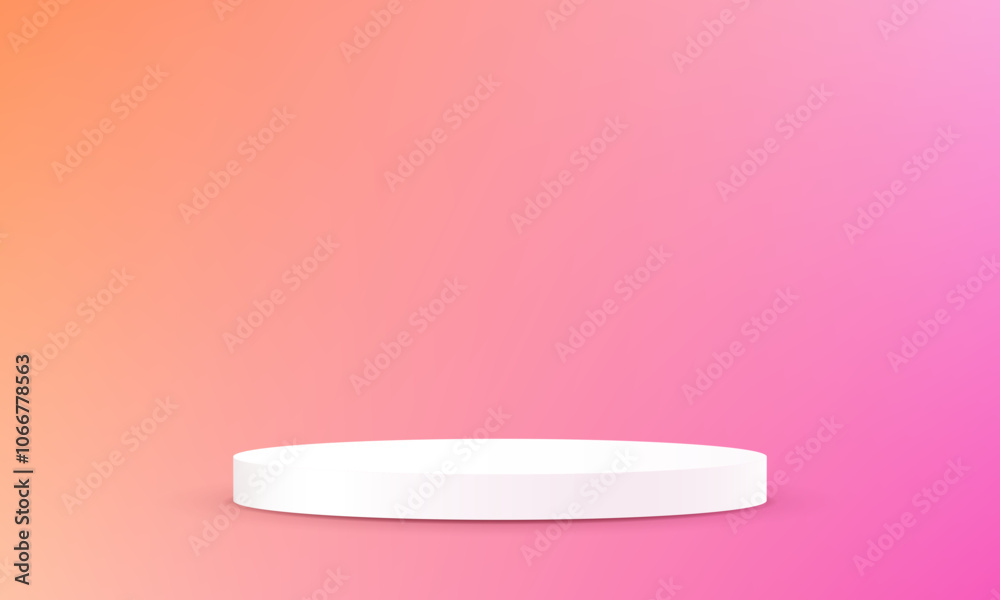 Orange and pink background vector 3d with white podium. 3D abstract studio room with pedestal podium. Space for selling products on the website. Vector illustration. Orange and pink background vector 3d with white podium. 3D abstract studio room with pedestal podium. Space for selling products on the website. Vector illustration.