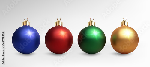 A vibrant 3D set of colorful glass spheres in red, green, blue, and gold, ideal for Christmas decor. The shiny, realistic balls glowing, isolated orbs. Not AI.