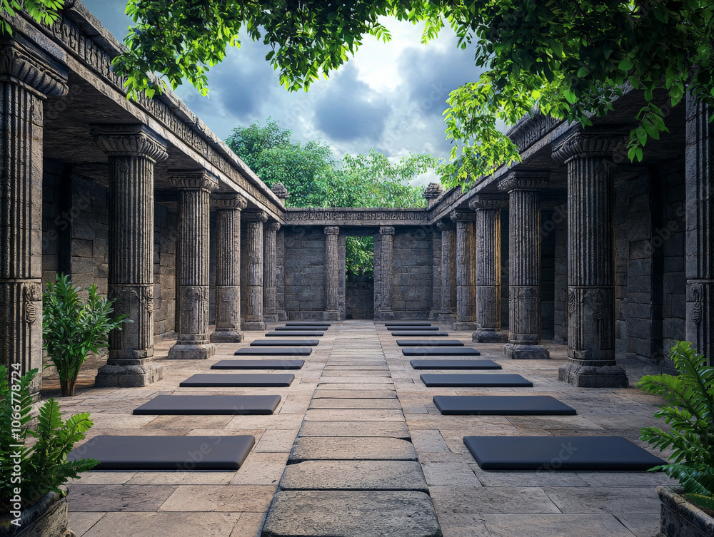 Serene Ancient Temple Courtyard Surrounded by Nature Serene Ancient Temple Courtyard Surrounded by Nature