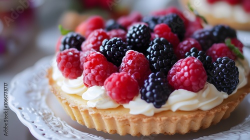 Fresh mixed berry tart with raspberries and blackberries on vanilla cream filling in golden shortcrust pastry shell on decorative white plate, copy space