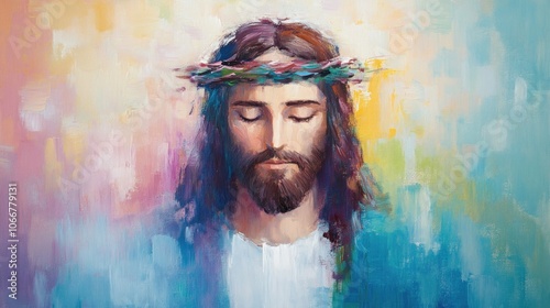 Acrylic portrait Jesus cross serene, religious art, Spiritual illustrations