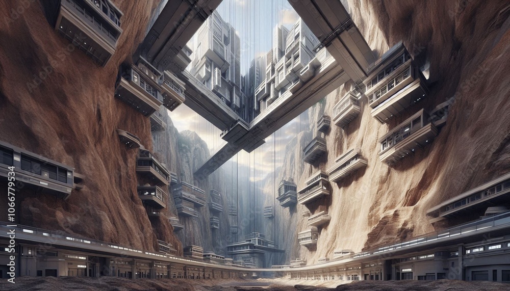 A futuristic city defying gravity, suspended within a canyon A futuristic city defying gravity, suspended within a canyon