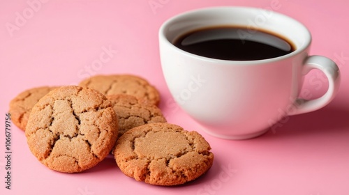 Overwhelming image of a white cup filled with black coffee alongside cookies, set against a pink studio background. The composition emphasizes the delightful coffee and cookies.