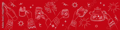 Hands holding mulled wine glasses, holiday and party atmosphere. Vector illustration in sketch style. Invitation design element, banner, template.