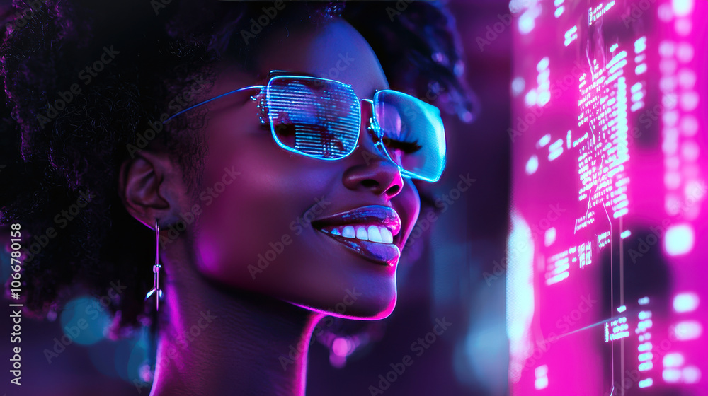 Young Woman Smiling with Holographic Display