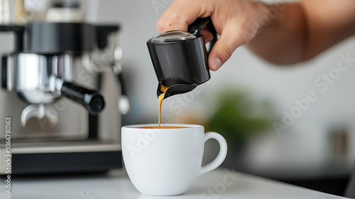 Minimalist cafe counter with barista pouring coffeee