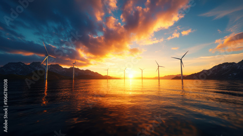 Wallpaper Mural Breathtaking offshore wind turbines stand tall against vibrant sunset, reflecting on calm waters. scene captures beauty of renewable energy in harmony with nature Torontodigital.ca