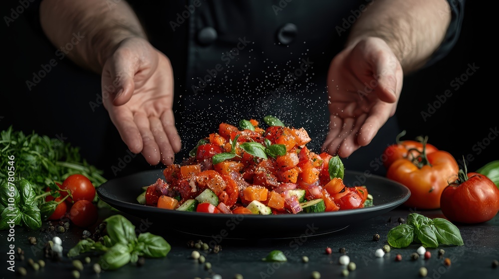 Fresh and Vibrant: Chef Creating Gourmet Salad with Colorful Vegetables in Bright Kitchen Fresh and Vibrant: Chef Creating Gourmet Salad with Colorful Vegetables in Bright Kitchen