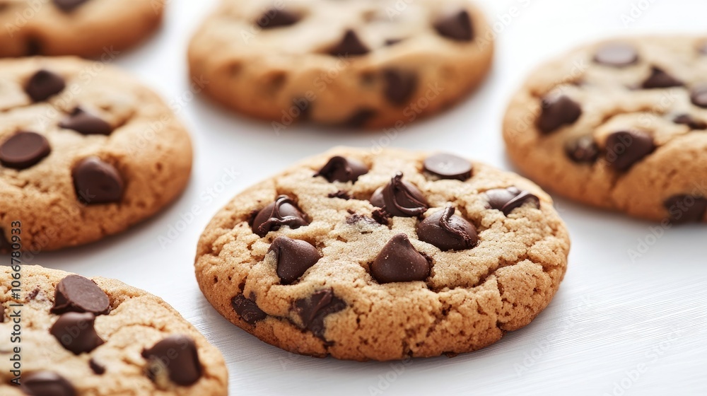 Chocolate chip cookies appear to float on a white surface, reflecting light beautifully. The delicious chocolate chip cookies create an inviting image with ample copy space. Chocolate chip cookies appear to float on a white surface, reflecting light beautifully. The delicious chocolate chip cookies create an inviting image with ample copy space.