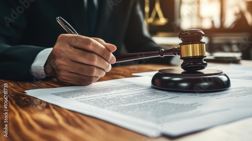 A gavel sits near a hand signing papers. This photo is suitable for websites, articles, or presentations related to law, justice, and contracts. photo