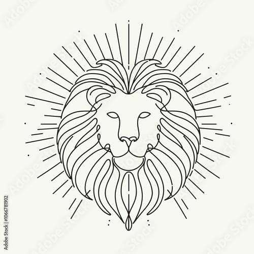 A majestic lion's head with intricate line work and radiant sunbeams, evoking strength and beauty in a minimalist design