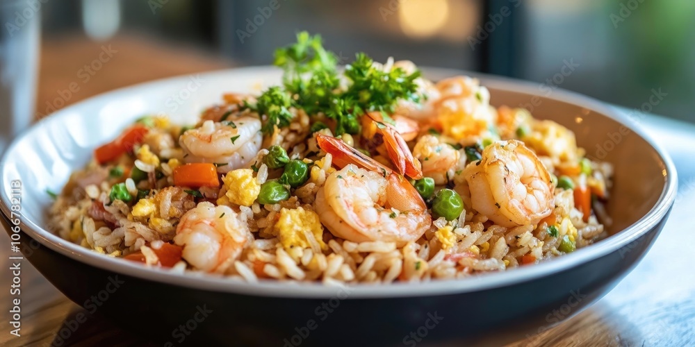 A bowl of fried rice featuring shrimp along with a variety of mixed vegetables. This dish combines flavorful shrimp and colorful vegetables in a hearty fried rice mix. A bowl of fried rice featuring shrimp along with a variety of mixed vegetables. This dish combines flavorful shrimp and colorful vegetables in a hearty fried rice mix.