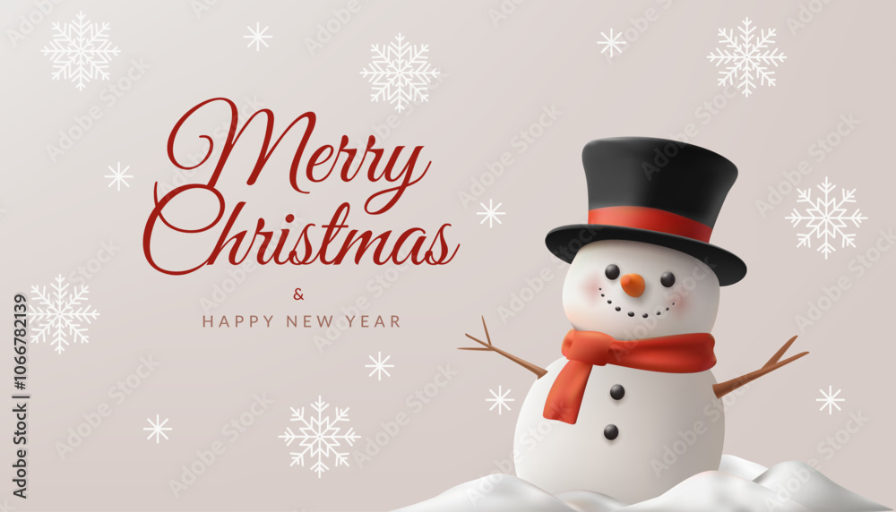 A cheerful 3D Christmas banner featuring a cute snowman character with a hat, surrounded by festive elements like snowflakes and a tree. Perfect for winter greetings, social media, or posters. Not AI