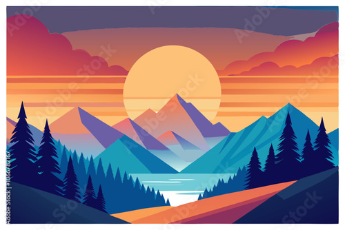 Sunrise Over Hills | isolated vector illustration on white background