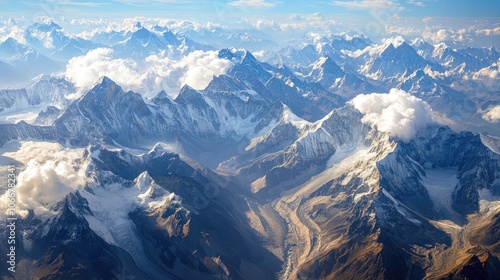 Aerial view captures a dramatic close-up of towering high mountains, highlighting their rugged beauty and vast landscapes, ideal for showcasing breathtaking scenery. Photo style with ample copy space.