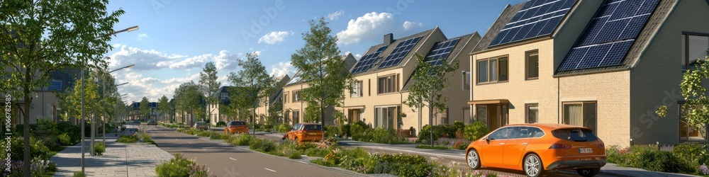 Dutch residential street with solar energy, orange cars, and beige homes. Dutch residential street with solar energy, orange cars, and beige homes.