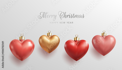 3D shiny Christmas tree Heart shape glass toys in pink, red, and gold. The glossy hearts are isolated on a white background, spheres perfect for holiday decor and greeting cards. Not AI.