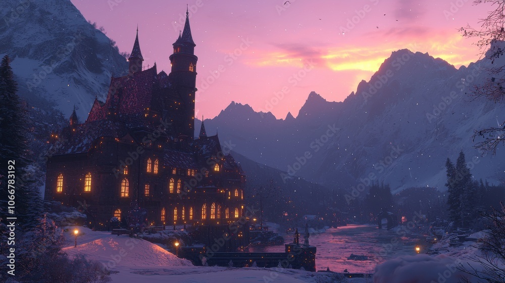 Fototapeta premium A picturesque castle nestled in snowy mountains at sunset, creating a magical winter landscape.