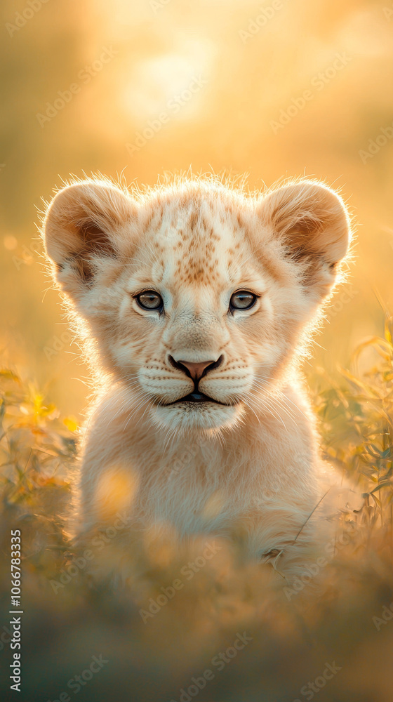 Obraz premium Adorable White Lion Cub Resting Peacefully in the Grass
