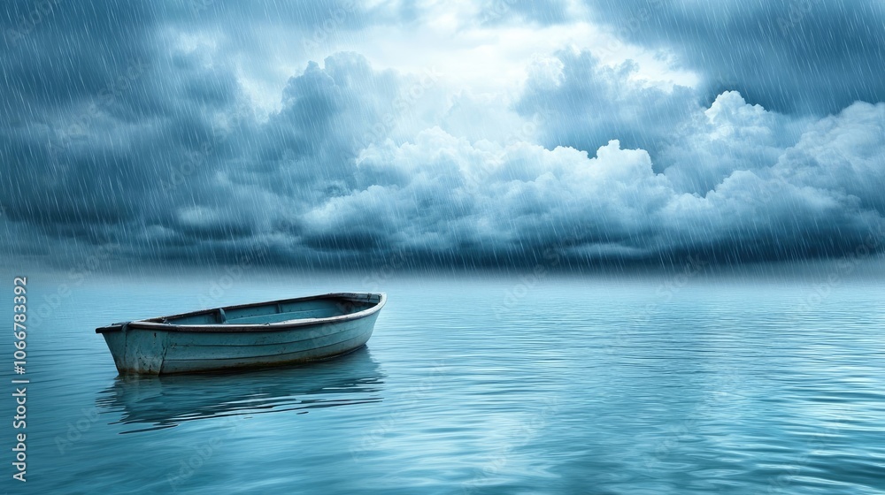 Boat anchored at sea amidst rain and clouds sets a tranquil scene. The boat appears calm while raindrops create ripples, adding a serene touch to the cloudy atmosphere. Boat anchored at sea amidst rain and clouds sets a tranquil scene. The boat appears calm while raindrops create ripples, adding a serene touch to the cloudy atmosphere.