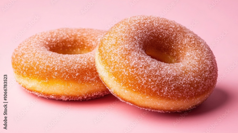 Two sugar donuts in close-up, presenting a delightful breakfast sweets and pastries concept against a pink background. Ideal for culinary visuals with ample copy space. Two sugar donuts in close-up, presenting a delightful breakfast sweets and pastries concept against a pink background. Ideal for culinary visuals with ample copy space.