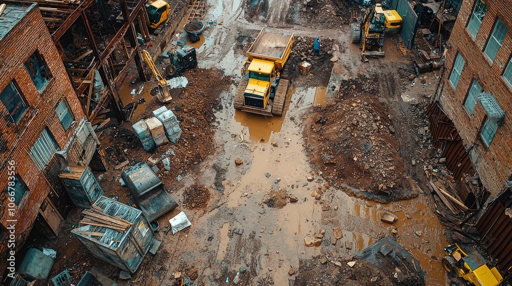 Aerial View of Construction Site with Excavator, Dump Truck, and Mud