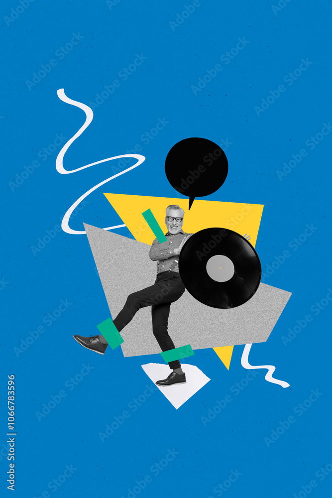 Vertical photo collage of happy old man hold vinyl plate disk retro party celebration bubble speech melody isolated on painted background Vertical photo collage of happy old man hold vinyl plate disk retro party celebration bubble speech melody isolated on painted background