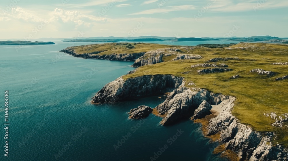 Aerial filming captures stunning landscapes and dramatic scenery of a picturesque island, highlighting the natural beauty and unique features of the terrain. Ample photo style copy space available.
