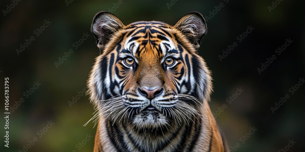 A detailed, magnified view of a tigers head set against a dark backdrop, emphasizing the tigers features and fierce expression while highlighting the dramatic background contrast. A detailed, magnified view of a tigers head set against a dark backdrop, emphasizing the tigers features and fierce expression while highlighting the dramatic background contrast.