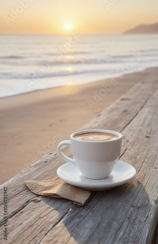 Beach cafe coffee cup mockup for seaside coffee shop branding.