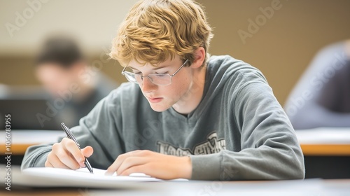 Focused teenage male student with blonde hair writing in classroom during exam with blurred students in background, copy space