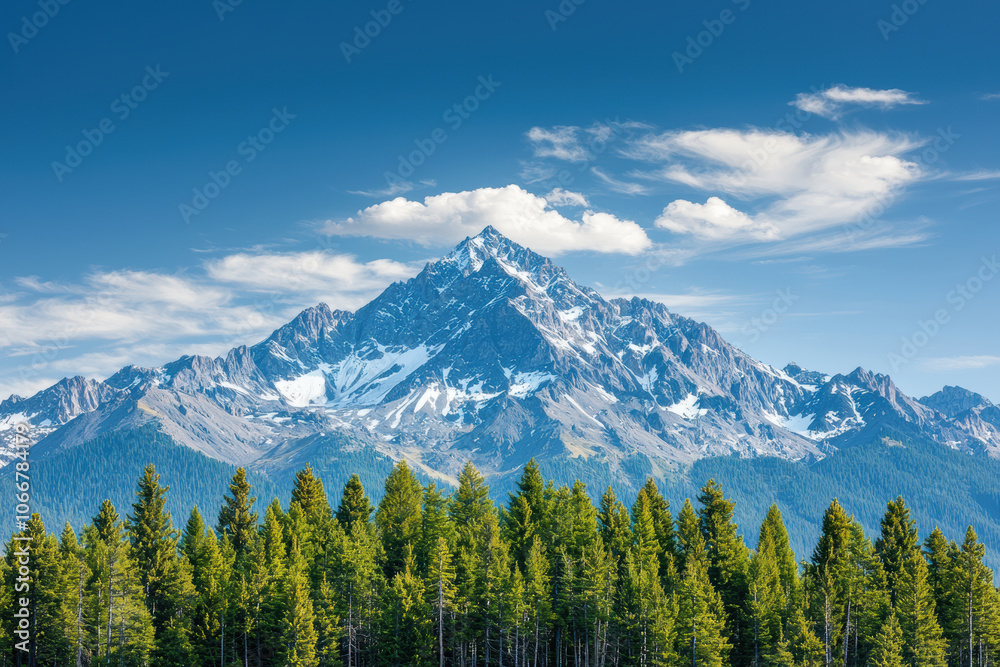 Obraz premium White clouds passing over mountain peaks, Majestic mountain peak rises above lush green forest under a clear blue sky, showcasing stunning natural beauty and tranquility.