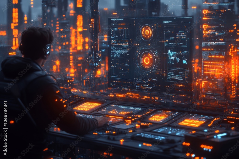A tech workspace showing a programmer managing intricate automated complexes and AI solutions through advanced software systems. Generative AI A tech workspace showing a programmer managing intricate automated complexes and AI solutions through advanced software systems. Generative AI