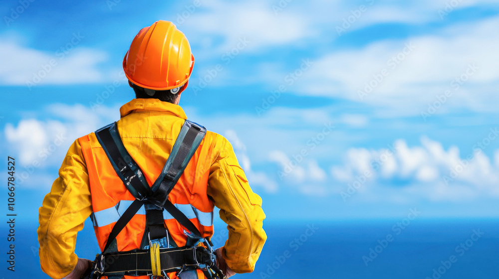 technician in orange safety suit and helmet stands on platform, gazing at vast ocean and blue sky. scene conveys sense of safety and professionalism in offshore work