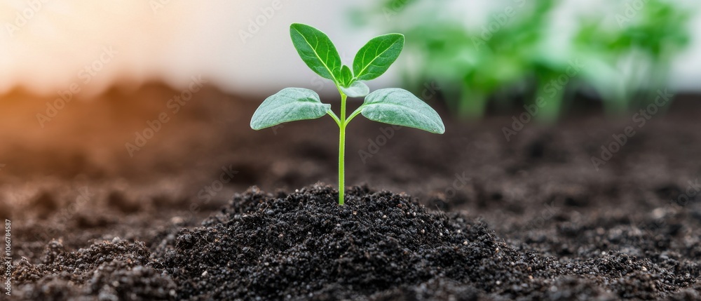 A young green plant sprouts from rich, dark soil, symbolizing growth and renewal in a natural setting. A young green plant sprouts from rich, dark soil, symbolizing growth and renewal in a natural setting.