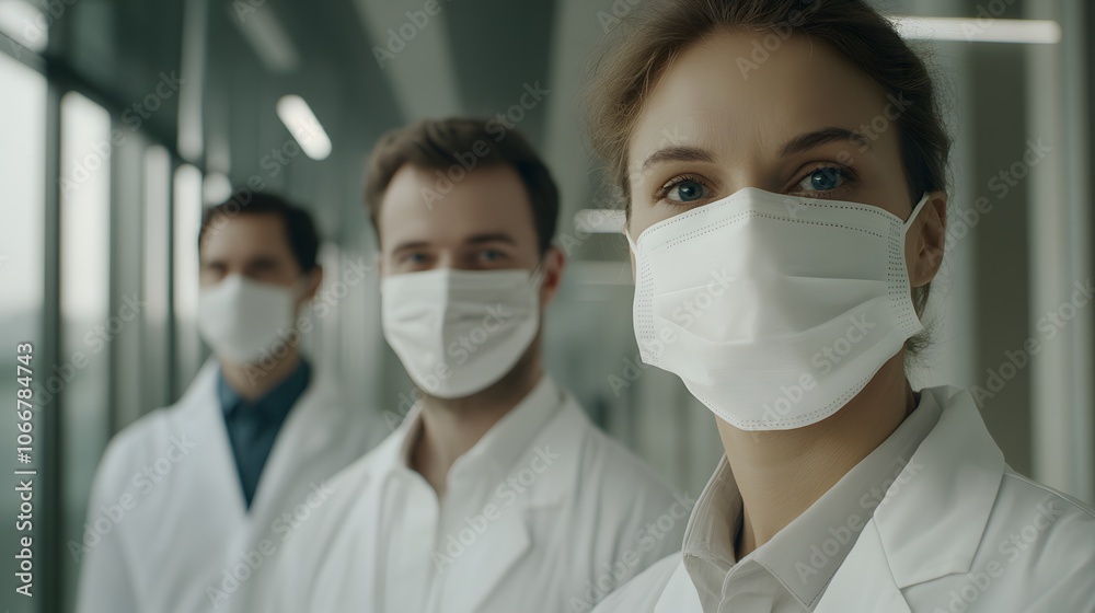 Medical staff wearing masks in a hospital setting, symbolizing dedication and protection in the face of health challenges Medical staff wearing masks in a hospital setting, symbolizing dedication and protection in the face of health challenges