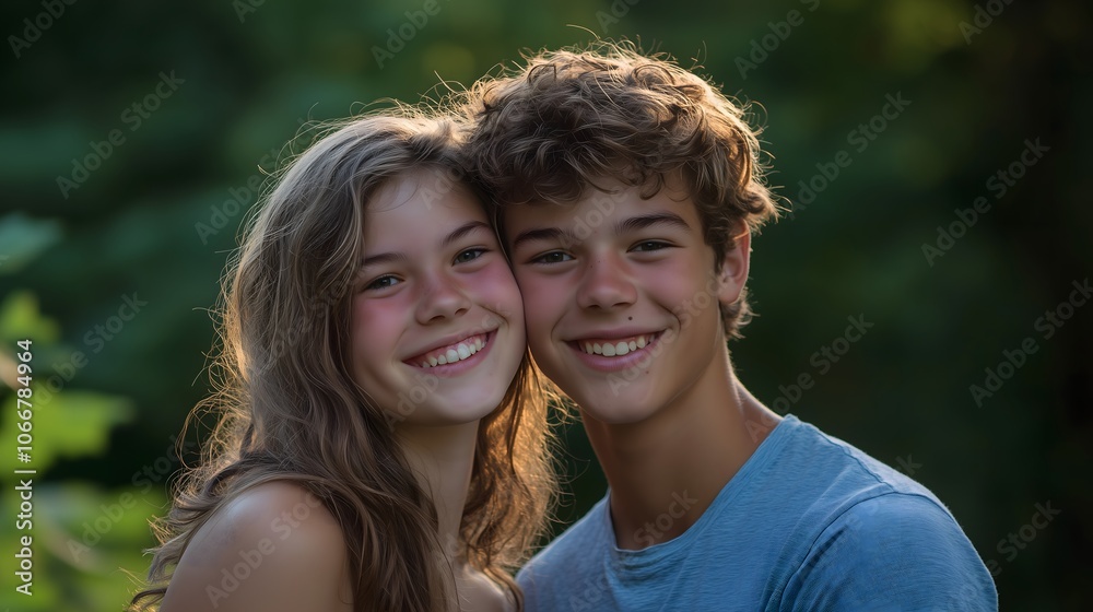 Two young people smiling warmly at camera in casual attire against blurred green foliage background at sunset Two young people smiling warmly at camera in casual attire against blurred green foliage background at sunset