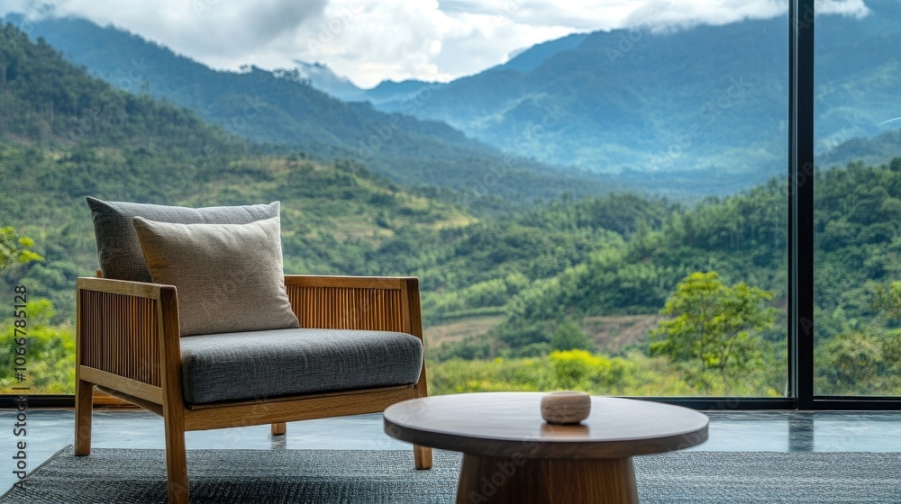 Fototapeta premium Armchair positioned beside a coffee table with a captivating view of mountains and forest in the background, providing a serene atmosphere with ample copy space.