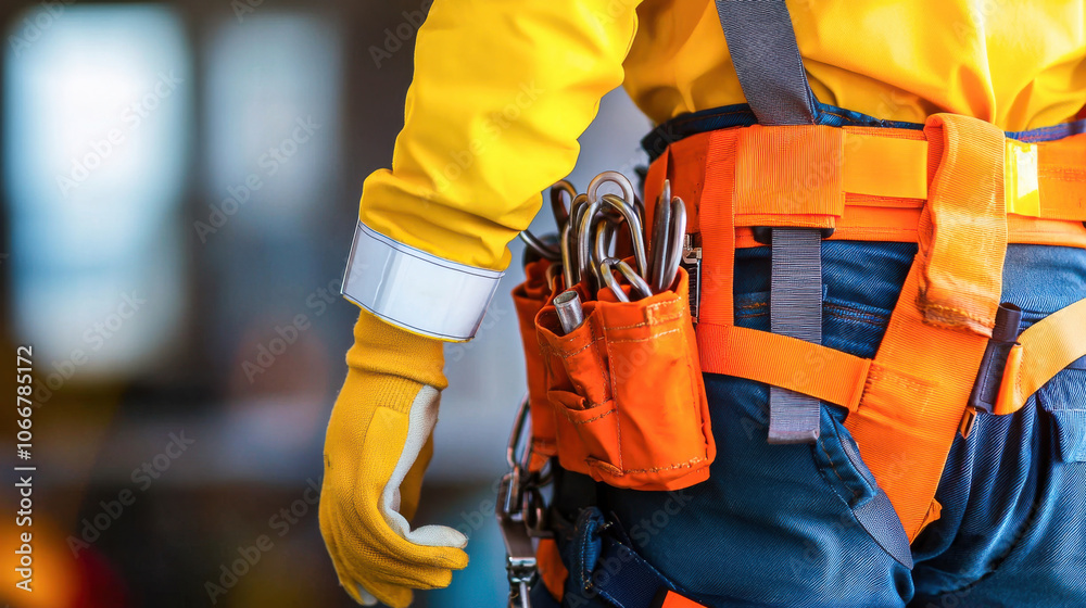 technician in safety harness is ready for work, showcasing essential tools and equipment. bright yellow jacket and orange gear highlight safety and preparedness in professional environment technician in safety harness is ready for work, showcasing essential tools and equipment. bright yellow jacket and orange gear highlight safety and preparedness in professional environment
