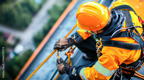 Safety is paramount as technician works on high rise building, showcasing importance of proper gear and techniques in urban environments photo